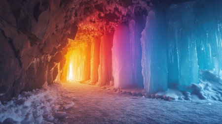 Ice cave with bright light at the end. 3d rendering.の素材