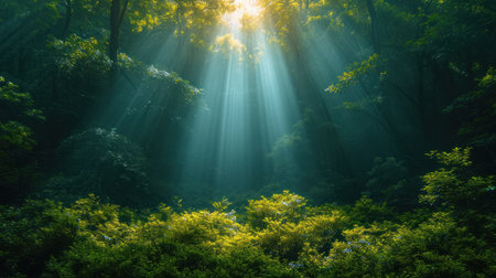 Sunbeams shining through the green forest in summer. Beautiful nature backgroundの素材