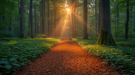 Morning in the forest with sunbeams passing through the trees.の素材
