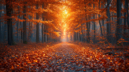 Pathway through the autumn forest with orange leaves. Beautiful landscape.の素材