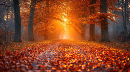 Autumnal road in the forest with colorful leaves and sunbeamsの素材