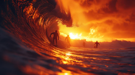 Surfing ocean wave at sunset. 3d render illustration with copy spaceの素材