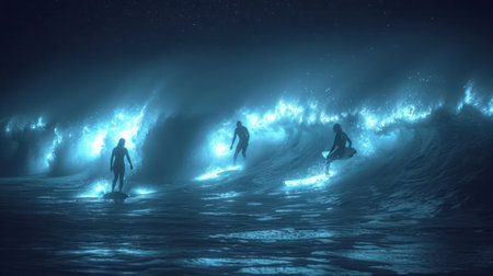 Surfing in the ocean with surfers. 3D illustration.の素材