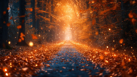 Autumn forest road with fallen leaves. 3d render illustration.の素材