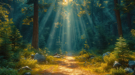 Sunlight in the forest. Sun rays in the autumn forest.の素材