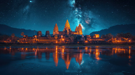 Night view of Angkor Wat temple with reflection in lake.の素材