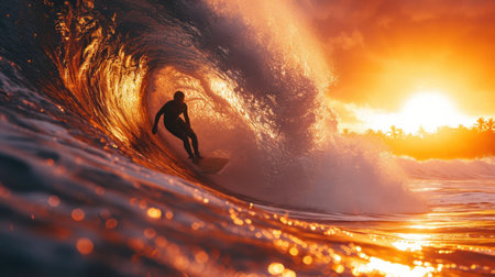 Surfer on the ocean wave at sunset. Surfer on the ocean wave at sunset.の素材