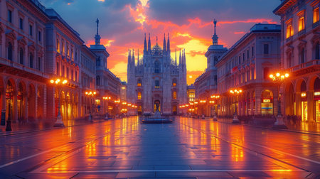 The Piazza Duomo at sunset in Milan, Italy. The Piazza Duomo is the largest square in Milan and one of the oldest squares in Europe.の素材