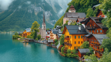 Panoramic view of Hallstatt village and Hallstatt lake in Austriaの素材