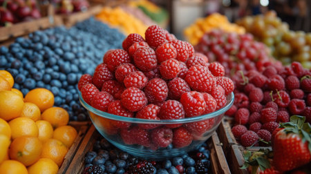 Fruits and berries in a basket on the counter of a farmers marketの素材