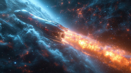 Spaceship flying in space against the background of the nebulaの素材