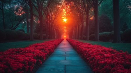 Path in the park with red flowers in the morning, 3d renderの素材