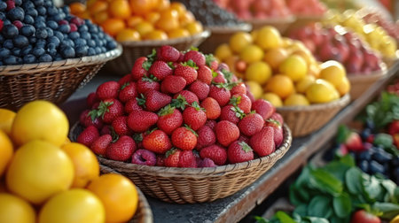 Variety of fresh fruits and berries in baskets at farmers market.の素材