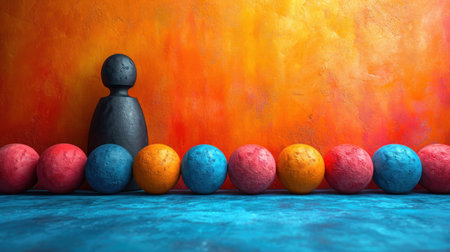Colorful easter eggs with black man figure on orange wall backgroundの素材