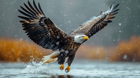 Adult Bald Eagle (Haliaeetus leucocephalus) in flight. Winter Scenery.の素材