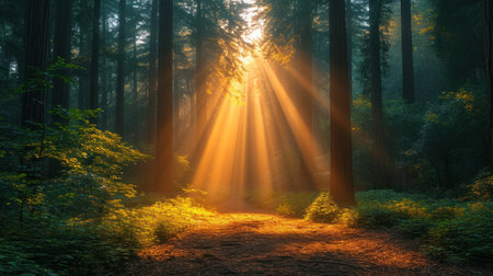 Sun rays through the trees in the forest. Beautiful morning scene.の素材