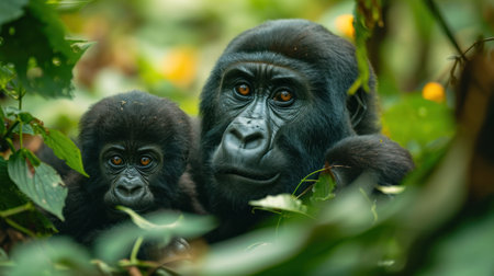 Portrait of a gorilla with a baby in the rainforest.の素材