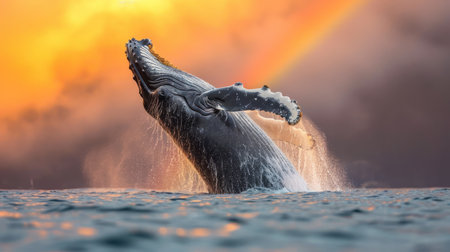 Humpback whale jumps out of the ocean at sunset. 3d illustrationの素材