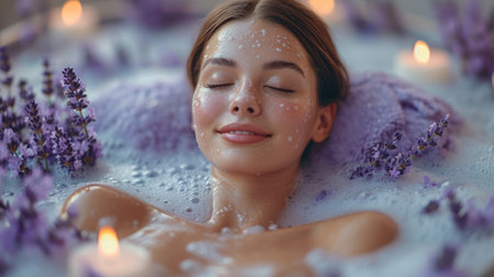 Beautiful young woman relaxing in bath with lavender flowers and candlesの素材