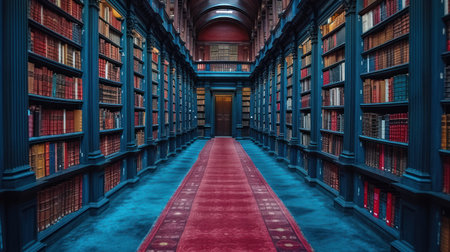 Old library with rows of books and red carpet. 3d renderingの素材