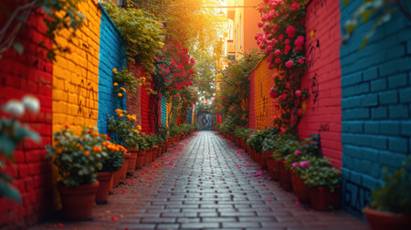 Colorful alley with flowers in the city at sunset, Istanbul, Turkeyの素材