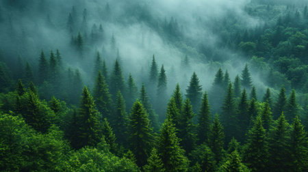 Foggy morning in the mountains. Landscape with coniferous forest.の素材