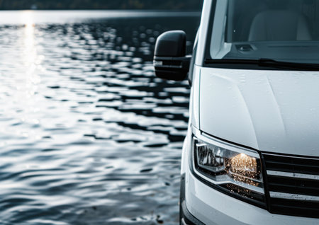 White car on a background of water and sky. Side view.の素材