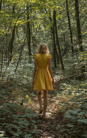 Young girl in yellow dress walking in the forest. Back view.の素材