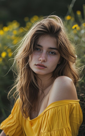 Beautiful young brunette in a yellow dress on the nature.の素材