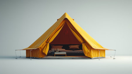 Orange camping tent on a grey background. 3d render illustration.の素材