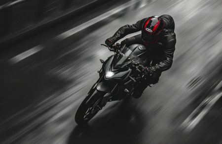 Motorcycle rider riding fast on the road. Motion blur effect.の素材