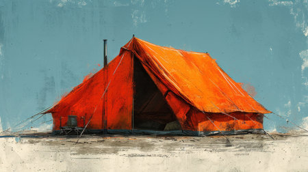 Orange tent in the camp on blue background. Vintage painting style.の素材