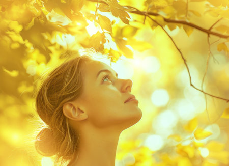 Portrait of a beautiful woman in the autumn forest. Beauty, fashion.の素材