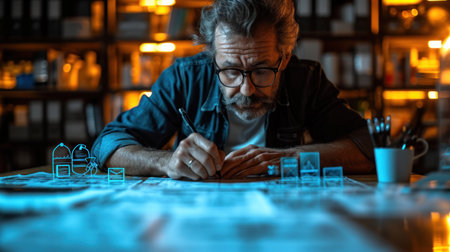 a man sitting at a table looking at a piece of paper with a model of a house in front of him and a cup of coffee in front of him. .の素材