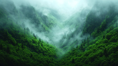 Foggy morning in the mountains. Beautiful landscape with foggy forestの素材