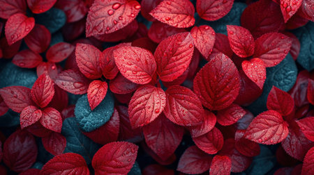 Background of red leaves with water droplets. Close-up.の素材