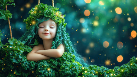 Little girl in a green wreath made of kale leaves. Fairy tale.の素材