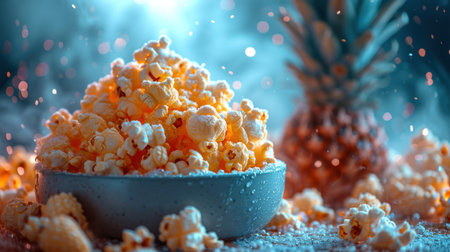 Popcorn in a blue bowl on a wooden background. Selective focus.の素材