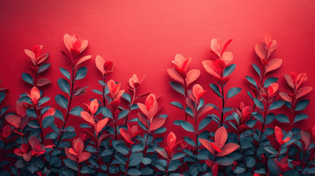 Colorful leaves on red background. Flat lay, top view, copy spaceの素材