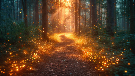 Pathway through the magic forest with light bulbs in the rays of the rising sunの素材