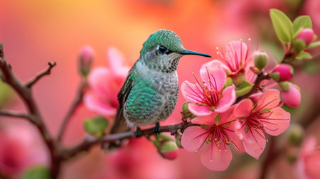 Hummingbird and sakura blossom, beautiful bird in the nature habitat.の素材