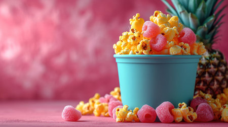 Colorful pop corn in a bucket on a pink wooden background.の素材