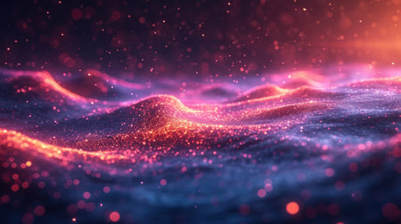 3D rendering of abstract wave particles with depth of field and bokeh. Futuristic background with glowing particles.の素材