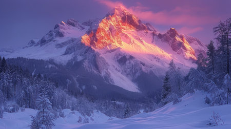 Panoramic view of snowy Dolomites mountains at sunset, Italyの素材