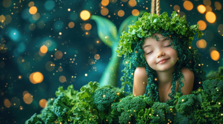 Little girl in a wreath of fresh green vegetables on a dark backgroundの素材