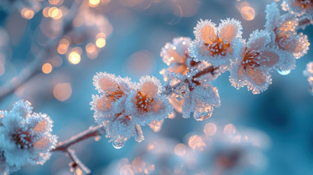 Beautiful winter background with frozen tree branches and bokeh lightsの素材