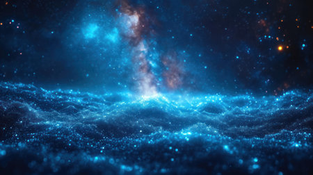 abstract blue glittering particles on dark background, computer generated abstract backgroundの素材