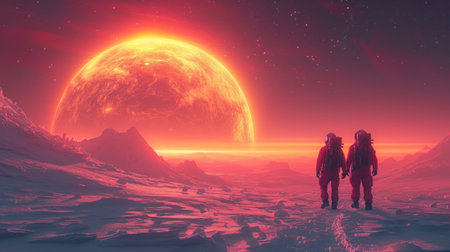 Fantasy alien planet. Mountain and sunset. 3D illustration.の素材