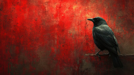 black crow on a red grunge background with space for your textの素材