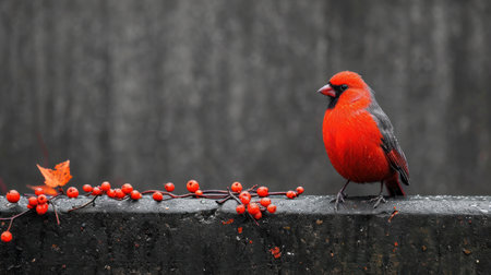 Male Northern Cardinal (Cardinalis cardinalis) sitting on a wallの素材